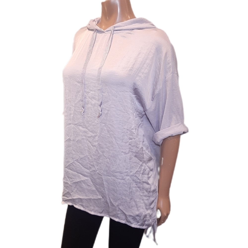 Zara Slouchy Hooded Tunic Top Flowy Satin Cuffed Short Sleeve Purple Medium